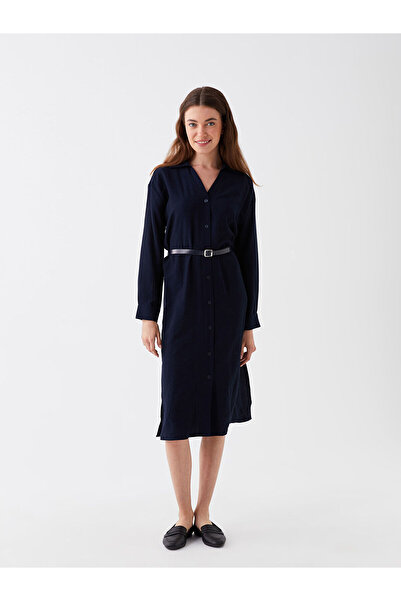 LC Waikiki Синя сорочка з коміром, прямим кроєм і довгими рукавами, поплінова сукня