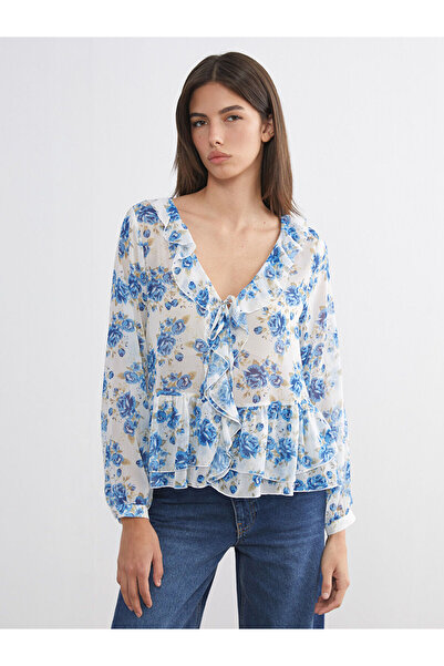 LC Waikiki Bluză din șifon cu volane florale cu decolteu în V Peak New Season