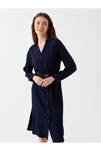 LC Waikiki Синя сорочка з коміром, прямим кроєм і довгими рукавами, поплінова сукня