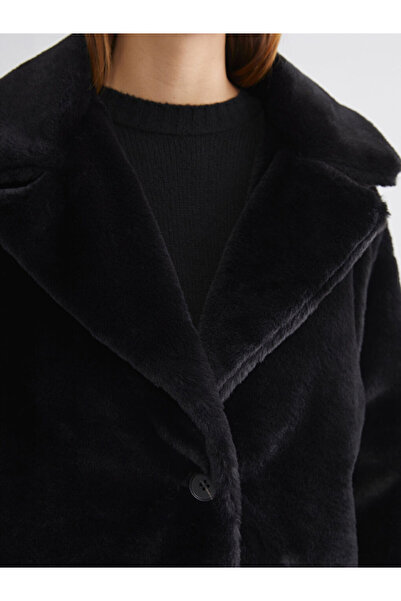 LC Waikiki Black Jacket Collar Women's Fur Coat