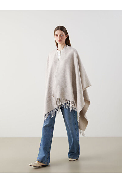 LC Waikiki Beige Tassel Detailed Women's Poncho Scarf