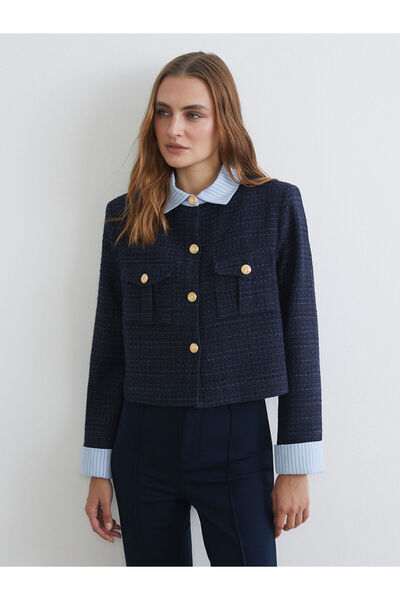 LC Waikiki LCWAIKIKI ClassicJachetă din tweed pentru femei, cu guler cămașă, ...