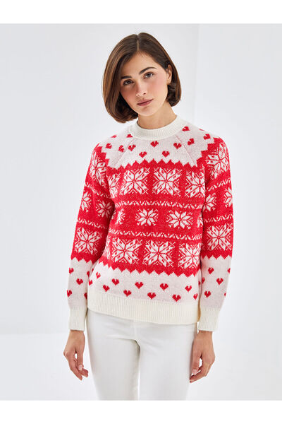 LC Waikiki Gemusterter Damen-Strickpullover mit Rundhalsausschnitt