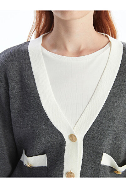 LC Waikiki Damen-Strickjacke mit Farbblock-V-Ausschnitt und langen Ärmeln