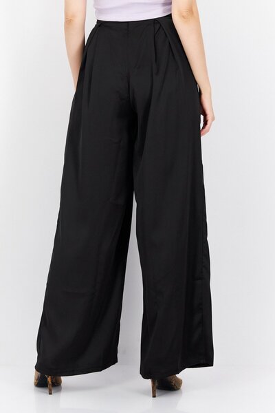 Flounce London Women Plain Satin Wide Pants, Black