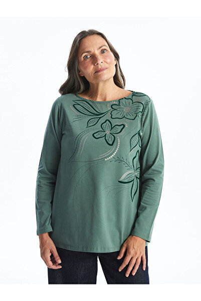 LC Waikiki Πράσινο γυναικείο μπλουζάκι με λουλούδια με λαιμόκοψη