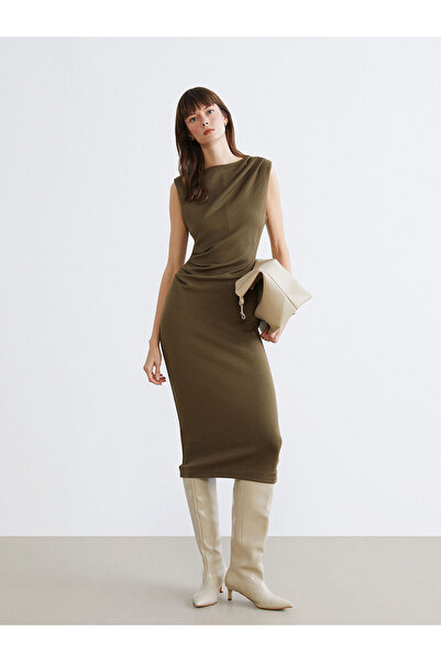 LC Waikiki Haki Bisiklet Yaka Büzgülü Elbise