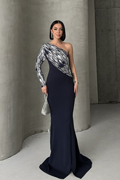 ALFUDO Moda Collection One Shoulder Sequin Embroidered Long Evening Dress