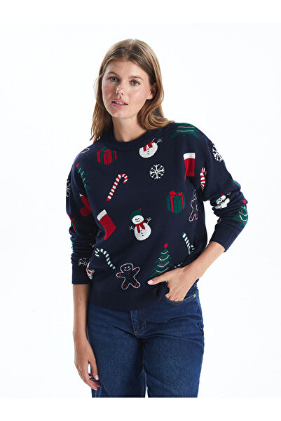 LC Waikiki Lcw Vision Navy Blue Crew Neck Christmas Themed Women's Knitwear Sweater