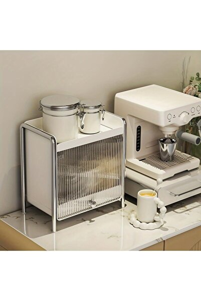 COOYA Modern Cup Mug Storage Cabinet – Space-Saving Countertop Organizer with Metal Frame and Flip-Up Door