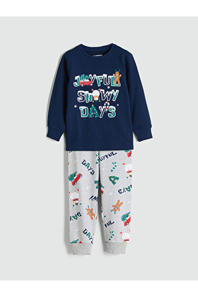 LC Waikiki Lcw Kids Navy Blue Crew Neck Christmas Themed Boys' Pajamas Set