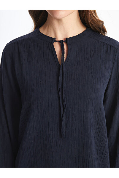 LC Waikiki Navy Blue Tie Neck Textured Women's Blouse