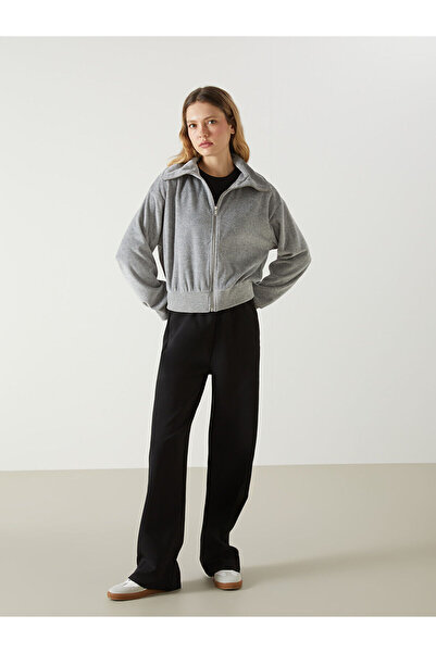 LC Waikiki Vision Gray Mel - Navy Blue Stand Collar Oversize Women's Velvet Cardigan