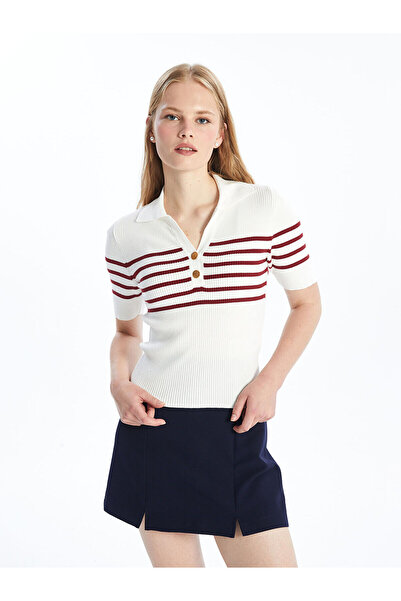 LC Waikiki Red Striped Lcw Vision Polo Collar Women's Knitwear Sweater