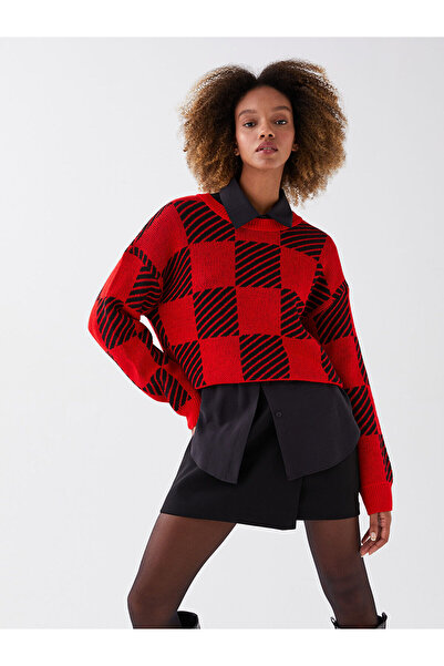 LC Waikiki Red Crew Neck Patterned Long Sleeve Women's Oversized Knitwear Sweater