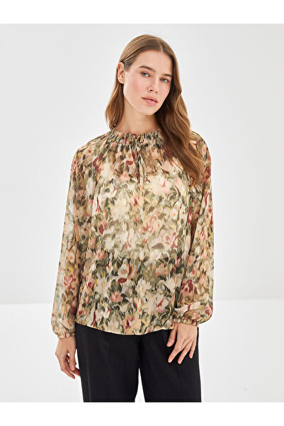 LC Waikiki Beige Tie Neck Patterned Women's Blouse