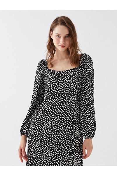 LC Waikiki Black U-Neck Patterned Long Sleeve Dress