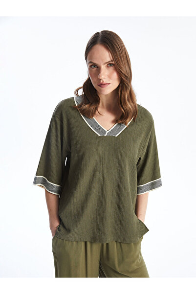 LC Waikiki Khaki V-Neck Patterned Oversize Textured Women's Blouse