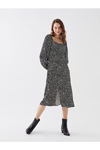 LC Waikiki Black U-Neck Patterned Long Sleeve Dress