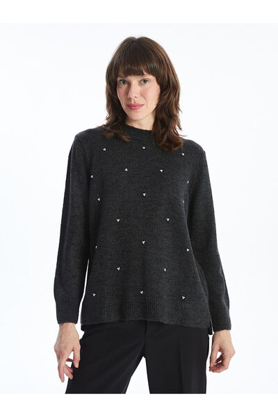 LC Waikiki Lcwaikiki Basic Anthracite Crew Neck Embroidered Women's Knitwear Sweater