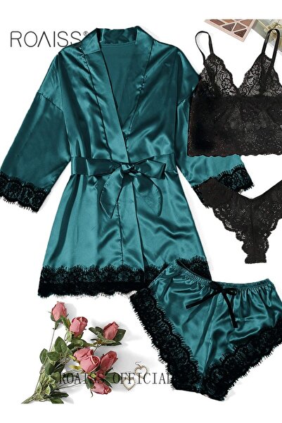 ROAISS 4 Pack Women's Nightwear Set Silk Satin Sleepwear Pajama Summer Home W...