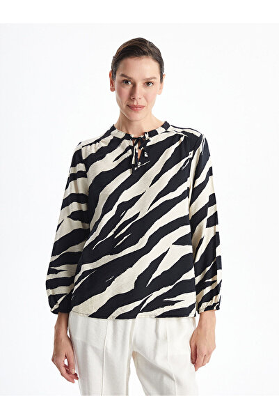 LC Waikiki Bluză pentru femei cu mâneci lungi, cu guler cu șireturi, cu model, de sezon nou, Özmarka