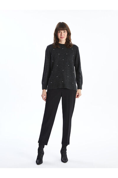 LC Waikiki Lcwaikiki Basic Anthracite Crew Neck Embroidered Women's Knitwear Sweater