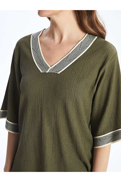 LC Waikiki Khaki V-Neck Patterned Oversize Textured Women's Blouse