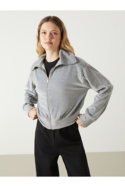 LC Waikiki Vision Gray Mel - Navy Blue Stand Collar Oversize Women's Velvet Cardigan