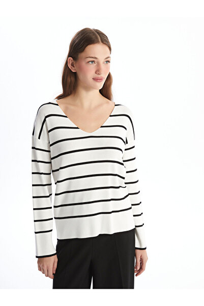 LC Waikiki Black V-Neck Striped Long Sleeve Women's Knitwear Sweater