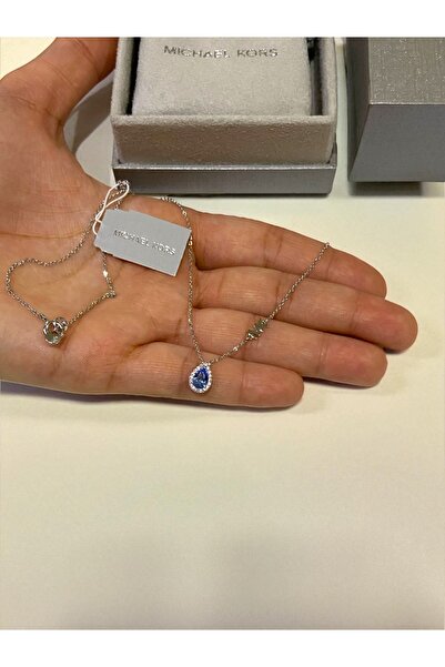 MICHEAL KORS 100% Authentic Michael Kors Women's Sterling Silver Necklace, Soft and Elegant with a Shiny Blue Stone