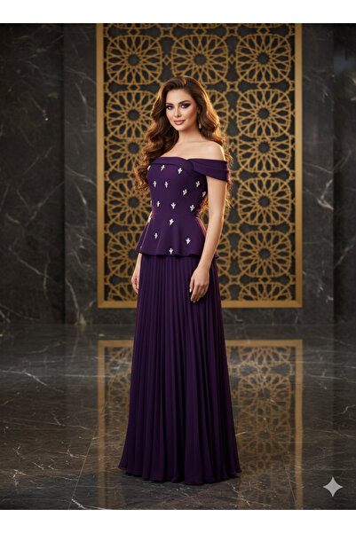 STAYILK DRESSES فستان سهرة بنفسجي بتصميم أوف شولدر وتطريز ناعم