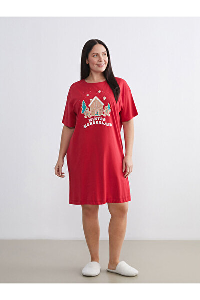 LC Waikiki Γυναικείο νυχτικό MG TRENDEN με κόκκινο λαιμόκοψη με θέμα την Πρωτ...