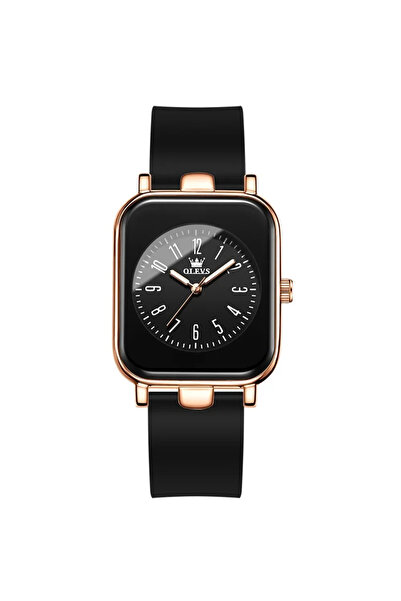 OLEVS Ceas de dama CS1595, curea din silicon, negru-rose gold, cadran negru