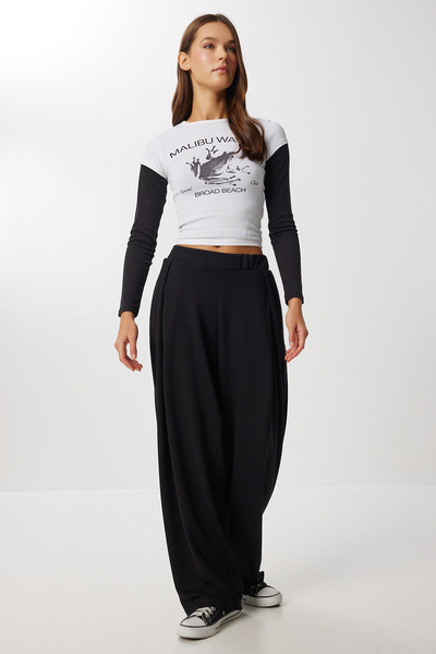 Lovelyİstanbul Μαλακό πλισέ παντελόνι φούτερ LCI0044 ΜΑΥΡΟ