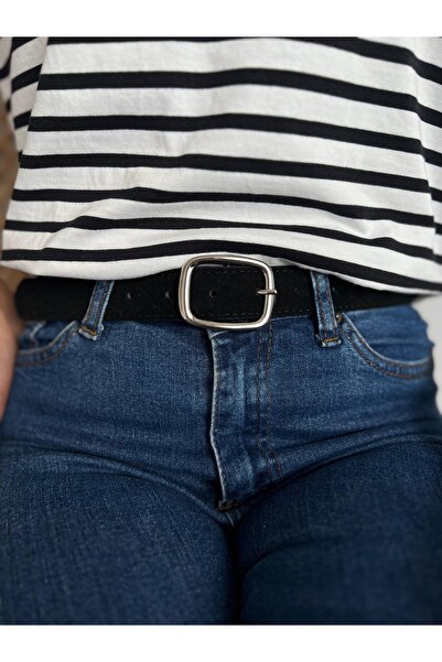 Eksibir Gümüş Tokalı süet Kemer Kadın Kemeri Elbise Kemeri Pantolon Kemeri