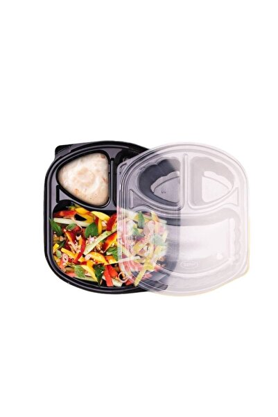 Generic Black Microwave Bowl 3 Compartments with Clear Lid (Pack of 20)