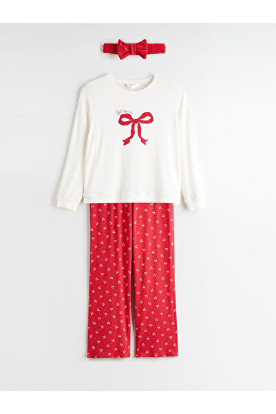 LC Waikiki Σετ γυναικεία κορδέλα και πιτζάμες με στάμπα με φιόγκο