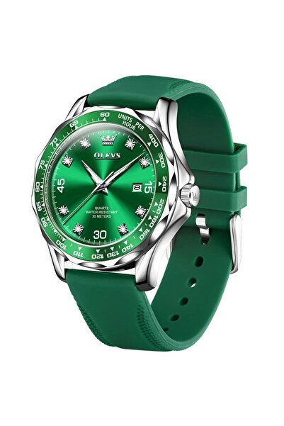 OLEVS Ceas barbatesc CS1624, curea de silicon, verde-argintiu, cadran verde