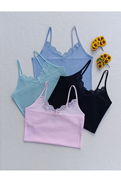 siyalife Corded Fabric Flexible Colored Women's Tank Tops with Lace Detail, Pack of 4