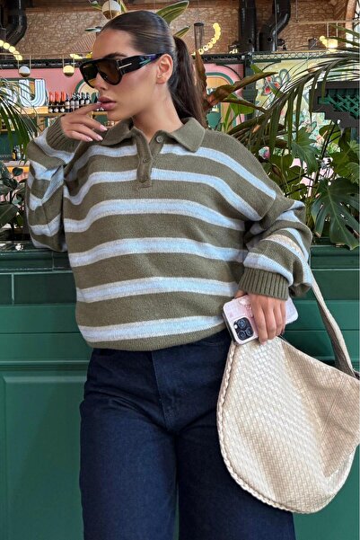 Madmext Khaki Polo Neck Striped Women's Knit Sweater Mg2469