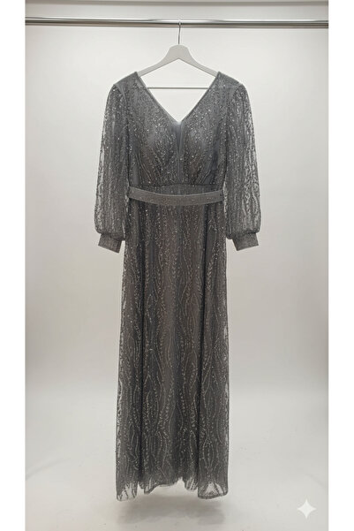 Robes Büyük Beden Uzun Abiye/Balon Kol V Yaka Tül Detaylı /Nikah Söz Nişan Düğün Elbisesi-1103