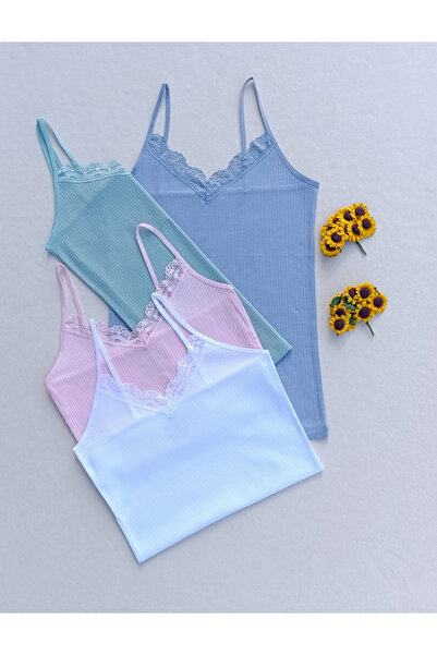 siyalife Corded Fabric Flexible Colored Women's Tank Tops with Lace Detail, Pack of 4