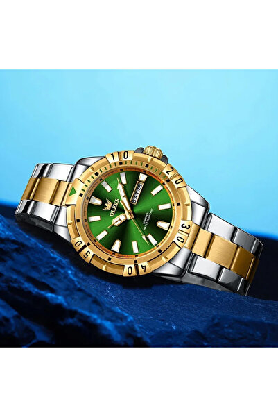 OLEVS Ανδρικό ρολόι CS1609, ανοξείδωτο ατσάλι, ασημί-χρυσό, πράσινο καντράν