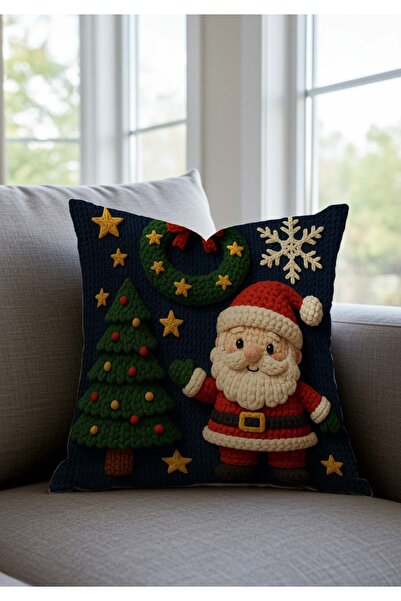 Sakallı Новорічна подушка з синім фоном, з малюнком Діда Мороза і ялинки, з вишивкою в стилі «панч»