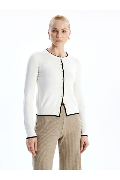 LC Waikiki Lcw Vision Ecru Crew Neck Color Block Women's Knitwear Cardigan