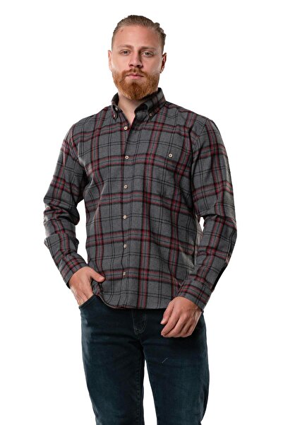 Eliş Şile Bezi Uzun Kol Oduncu Erkek Pazen Sonbahar ve Kışlık Gömlek Siyah Bordo Ekose 4046