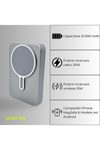 Voltres Slim MagSafe Wireless External Battery 10000 mAh 20W Cable & 15W Wireless, Aluminum Power Bank, Gray