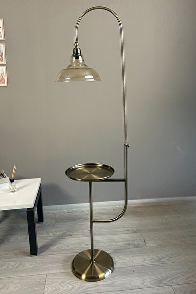 Bamyum Vishi Bal Rengi Cam Tepsili Hareketli Başlık Lambader Eskitme Gövde Dekoratif Metal Zemin Lambası