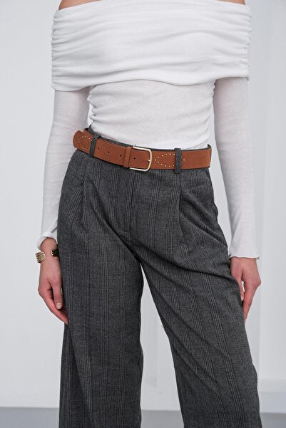 Shule Bags Λεπτομερής ζώνη από καστόρι με λεπτομέρειες σε καφέ χρώμα